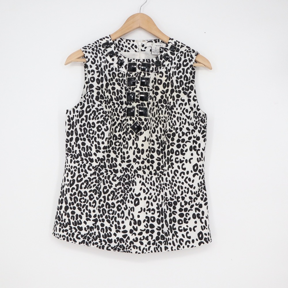WD-NY Womens Leopard Print Sleeveless Jeweled Neckline Blouse Black White Size 8